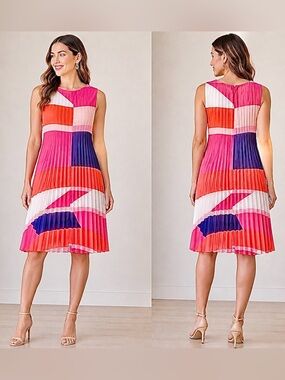 Vince Camaro Pleated Colorblock Shift Dress - Pink & Coral Midi 10